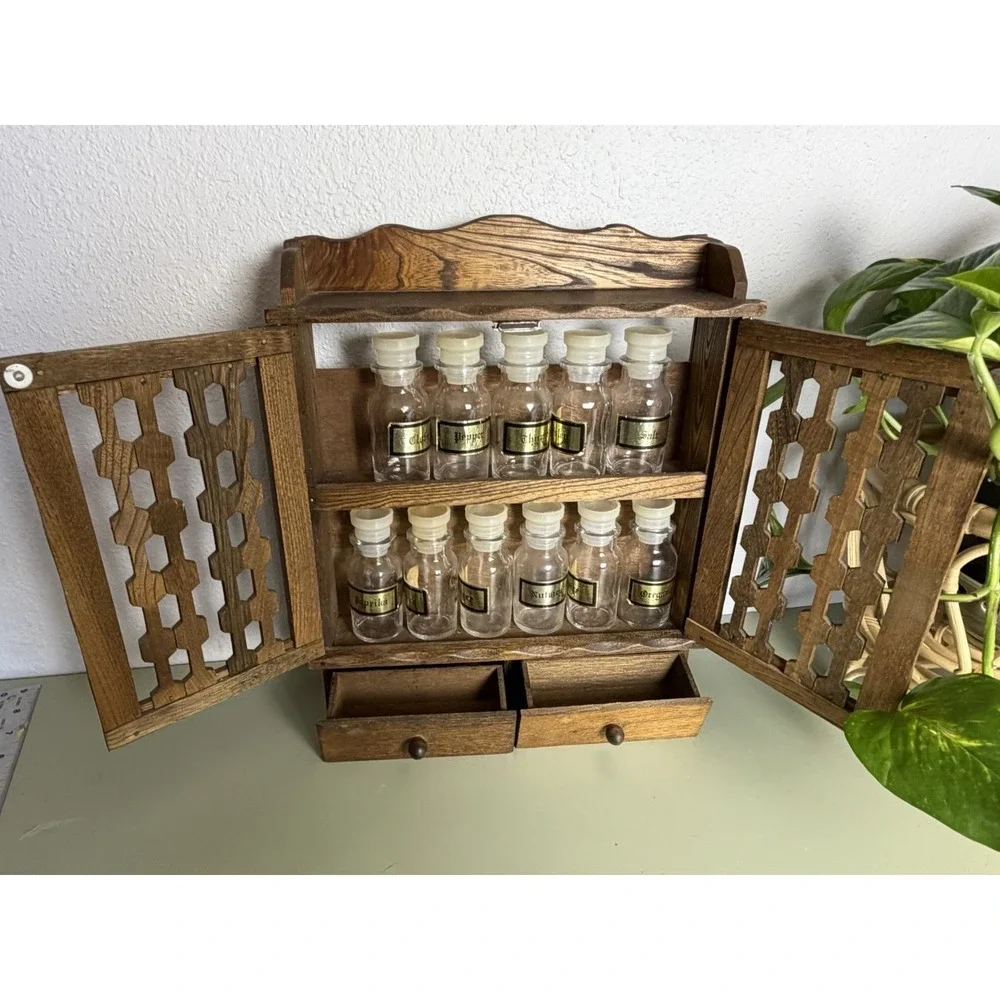 Vintage Japan Wood Spice Cabinet Wall Rack Glass Jars Drawers Apothecary MCM‎